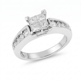 1.00CT TDW Natural Mined Quad Diamond Engagement Ring in 14KT White Gold