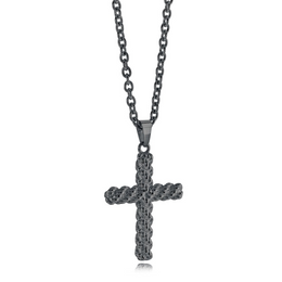 Italgem Black Ip Stainless Steel Matte Weave Cross Pendant 20