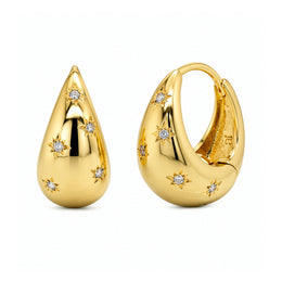 Casablanca Brass Yellow Gold Plated CZ Star Setting Tapered Dome Huggie Hoop Earrings