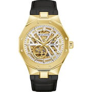 Bulova Men's Prestige Auto Yellow Gold Tone Black Leather