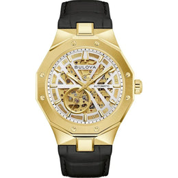 Bulova Men's Prestige Auto Yellow Gold Tone Black Leather