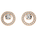 Swarovski Creativity Circle Rose Stud Earrings with a rose gold-plated finish, showcasing a central clear crystal surrounded by a halo of smaller crystals, reflecting elegance and a modern touch.