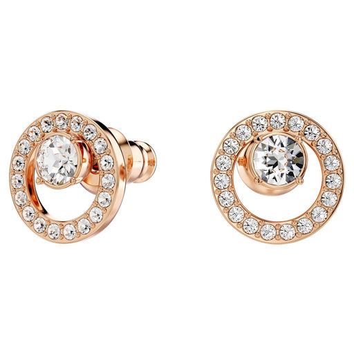 Swarovski Creativity Circle Rose Stud Earrings with a rose gold-plated finish, showcasing a central clear crystal surrounded by a halo of smaller crystals, reflecting elegance and a modern feminine touch.