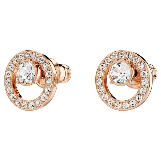 Swarovski Circle Rose Stud Earrings with a rose gold-plated finish, showcasing a central clear crystal surrounded by a halo of smaller crystals, reflecting elegance and a modern feminine touch.