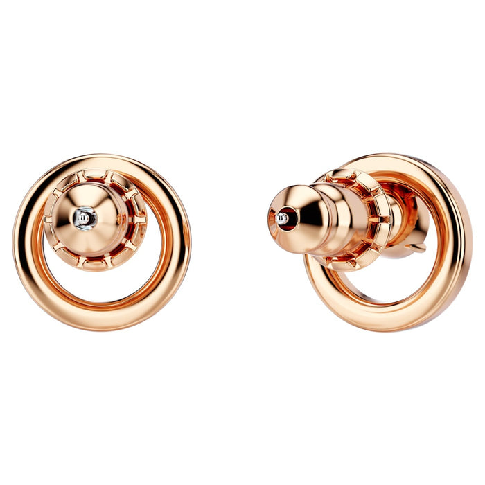 Rear view of Swarovski Creativity Circle Rose Stud Earrings, displaying the rose gold-plated backing with a secure fastening mechanism, exemplifying the intricate design and craftsmanship.