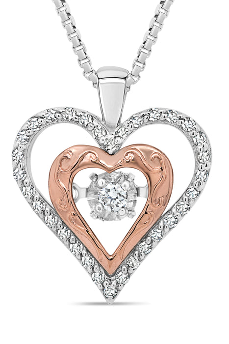 Close Up - Double heart diamond pulse necklace, a .11CT diamond in the center with additional diamonds along the edge of the pendant