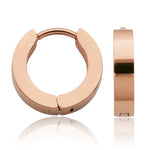 Front & side angles of the rose gold plated steelx polished huggie hoops.