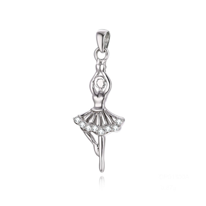A close-up photo of a petite Ballerina Dancer Sterling Silver Pendant. The pendant depicts a graceful ballerina in a charming dress, striking a pose. Crafted from sterling silver, it is a beautiful accessory for anyone who loves ballet or appreciates delicate jewelry.