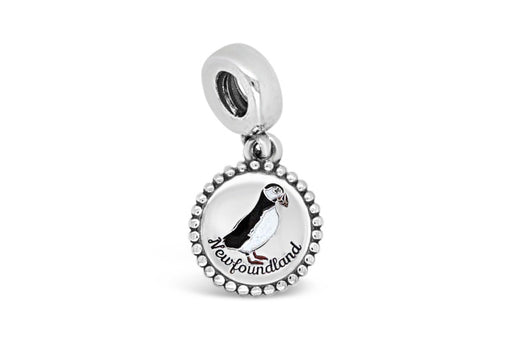 Round circle newfoundland puffin charm with the following text: "Newfoundland". The design features a single puffin.