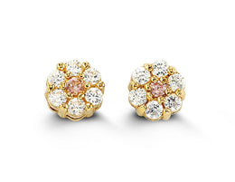 Yellow Gold Children Pink Flower Earrings
