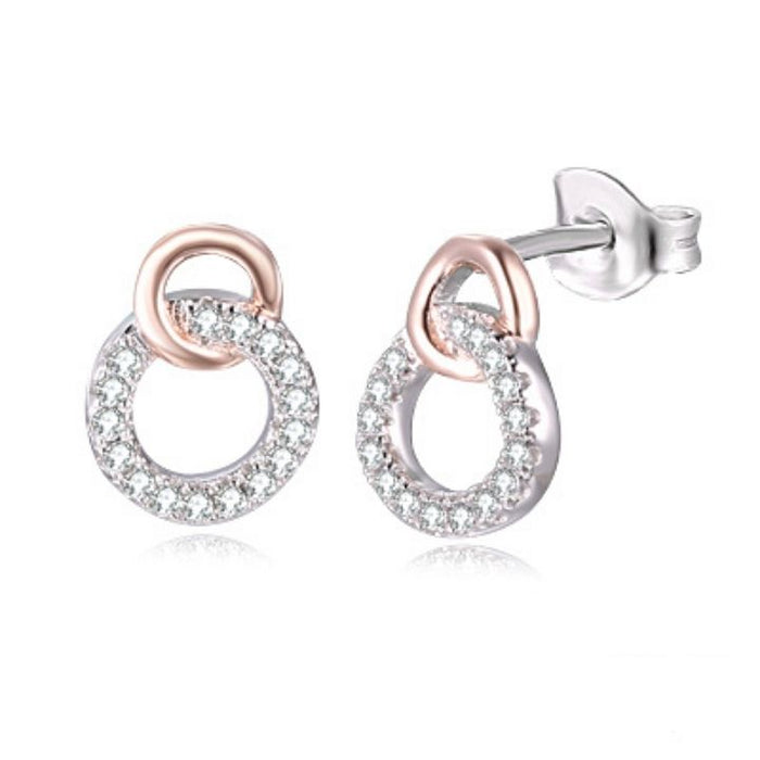 Sterling Silver Two Tone Round Earrings: Rose Gold