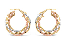 4mm 10kt Tri-Tone Twist Hoop Earrings