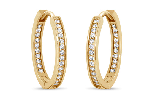 10KT Yellow Gold hoop earrings displayed side by side. Cubic zirconia accents are seen along the outside and inside of the hoop.
