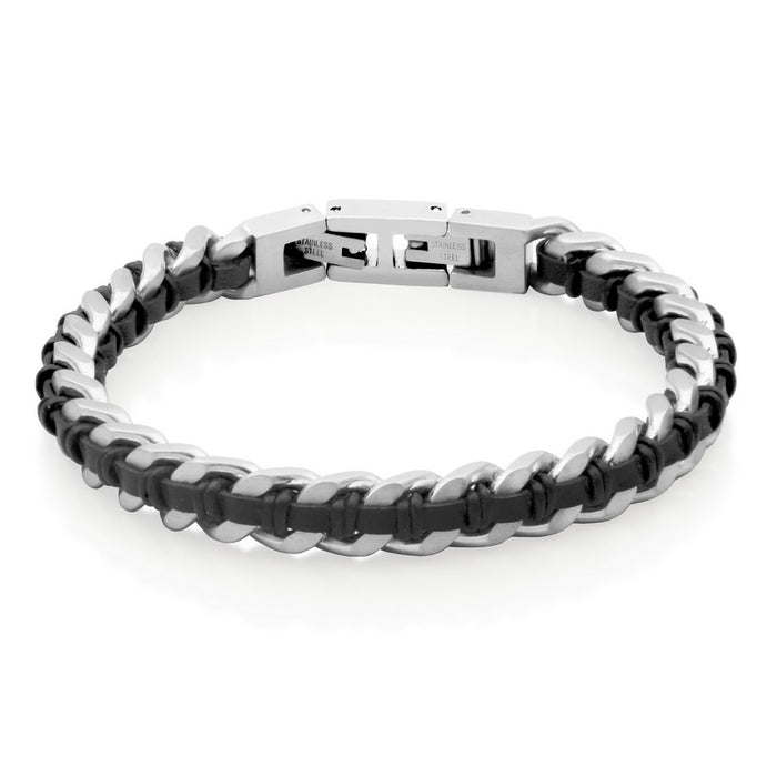 Steelx Stainless Steel Men's Black Leather Curb Chain Bracelet