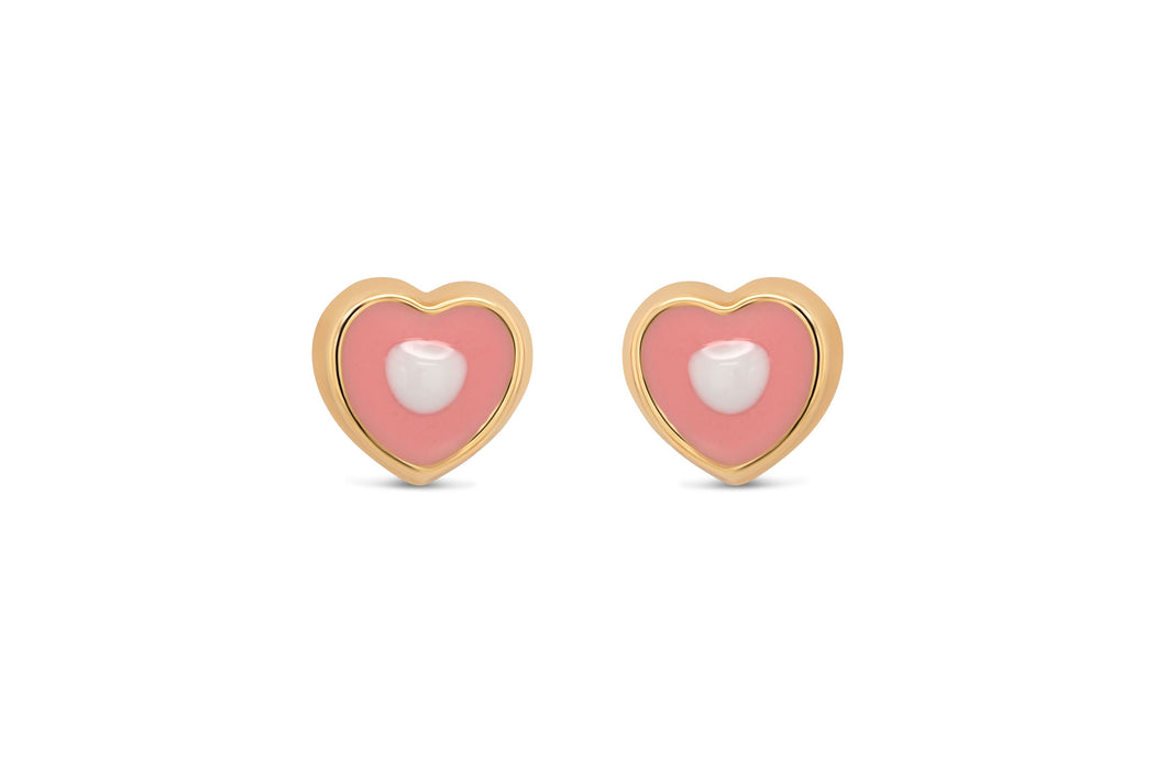 Yellow Gold Pink Heart Children's Earrings