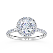 A Halo Diamond Engagement Ring with a large central diamond surrounded by a smaller diamond halo, set in a white gold band.