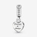 Pandora open heart-shaped sterling silver locket charm. This side of locket reads "forever & always". 