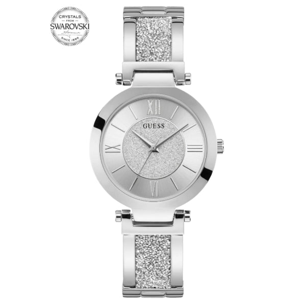 Guess Ladies Crystal Bangle Watch: Silver