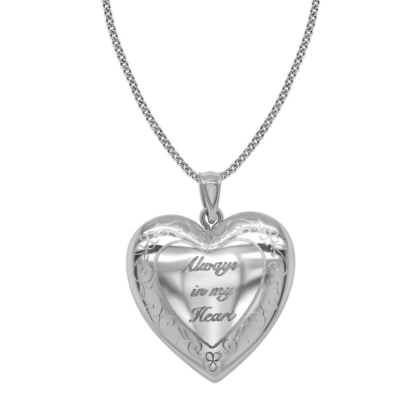 24mm sterling silver locket hung on a sterling silver chain. The face of the locket features flowers and a patterned design with the engraving "Always In My Heart" at the center in a cursive font.