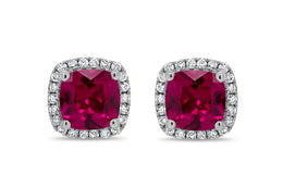 14K White Gold Lab Grown Ruby Cushion Stud Earrings