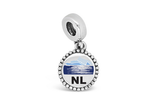 Newfoundland round circle pandora charm. The design features the text "NL" with a large set of icebergs towering above dark blue water
