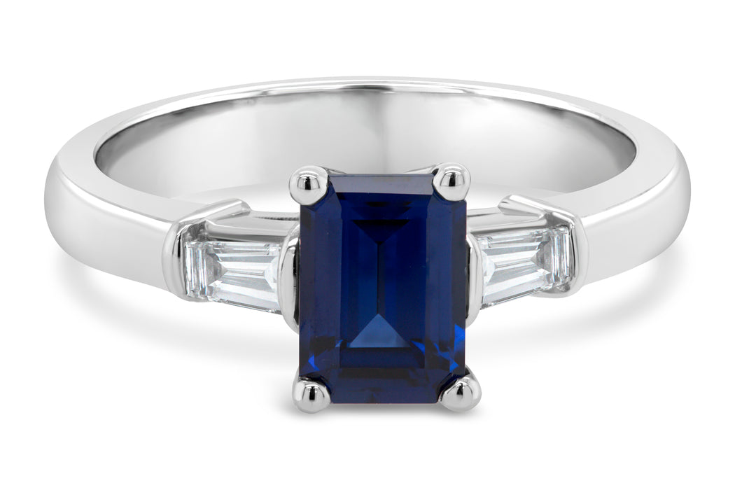 Lab Grown Blue Sapphire Gemstone Ring with Side Baguettes