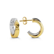 Two-Tone White and Yellow Gold Small Crossover Half Hoop Earrings