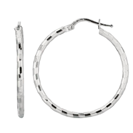 Sterling Silver Diamond Cut Textured Hoop Earrings with Hinged Clasp