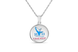 Come home year 2022 round circle pendant hung on a chain. The design on the pendant features a blue coloured whale breaching the water with the year 