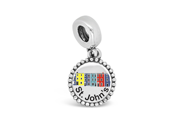 A Pandora charm featuring colorful houses of Jelly Bean Row in St. John's, Newfoundland