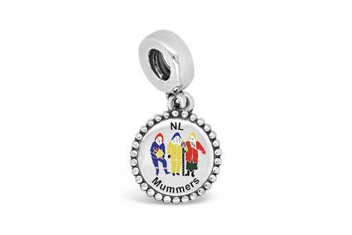 Round circle newfoundland mummers charm. The design features 3 masked mummers dressed in various funny costumes with the middle mummer holding an ugly stick. The text on the design reads "NL Mummers"