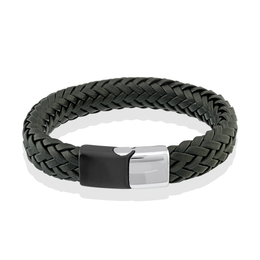 Italgem Stainless Steel Men's Braided Black Leather Bracelet