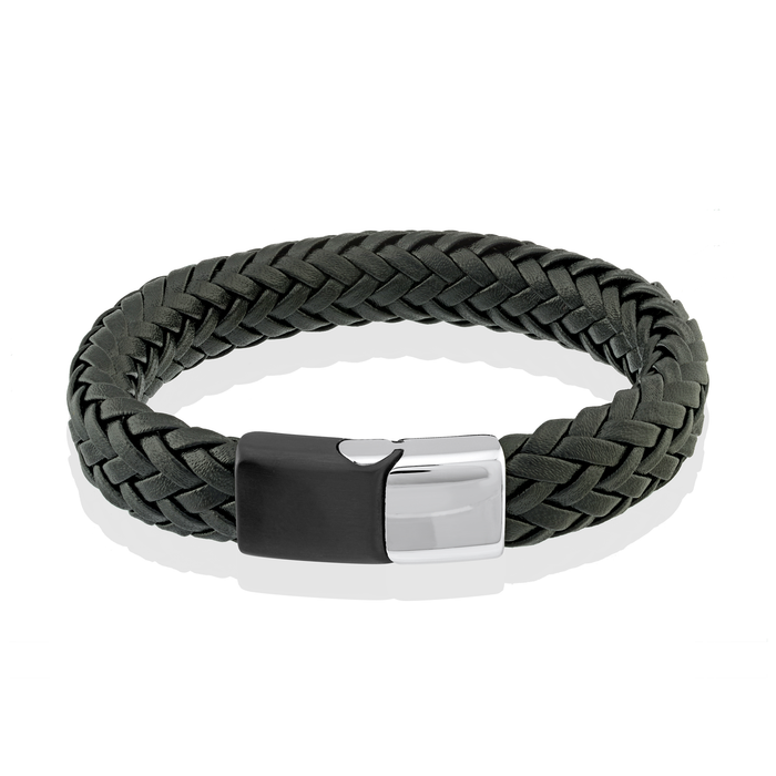 Italgem Steel Men's Braided Black Leather Bracelet