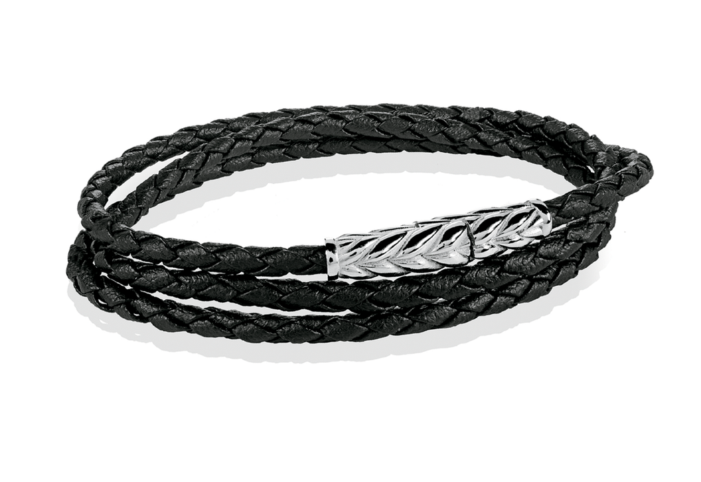 Italgem Braided Black Leather Wrap Bracelet