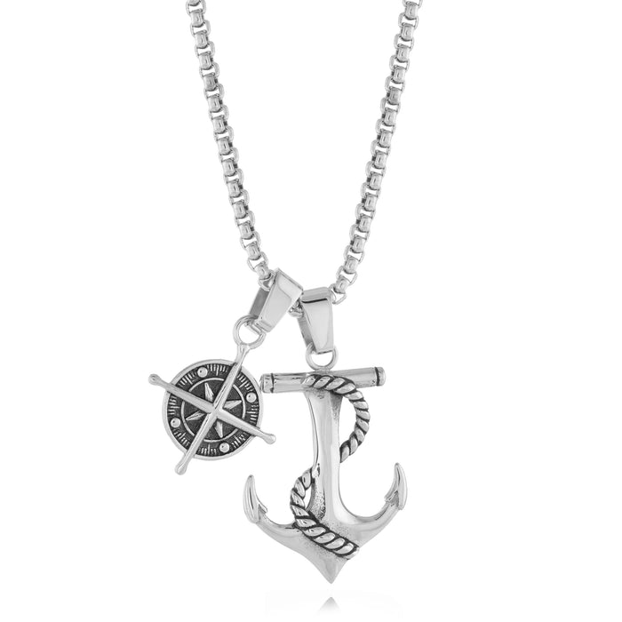 Italgem Stainless Steel Compass & Anchor Men's Necklace